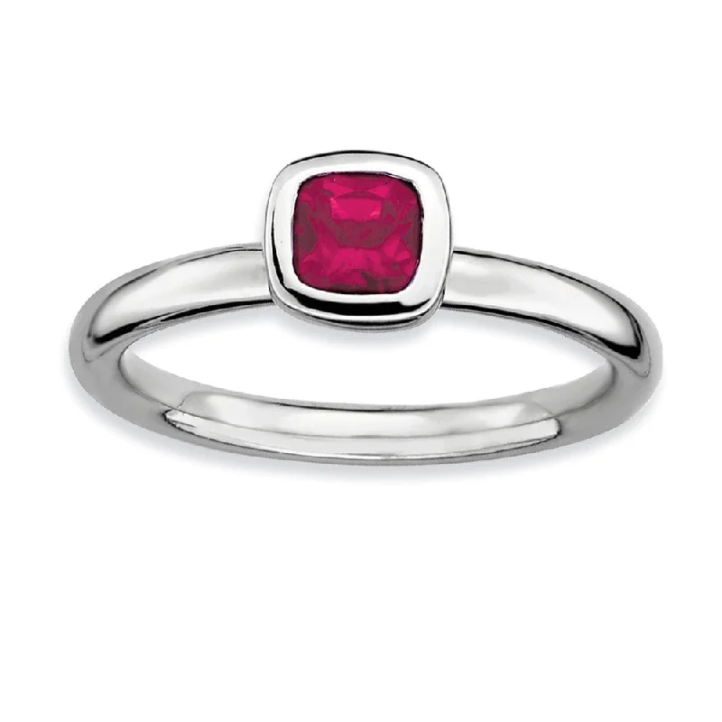 Sparkling Wedding Rings-Sterling Silver Stackable Cushion Cut Created Ruby Solitaire Ring