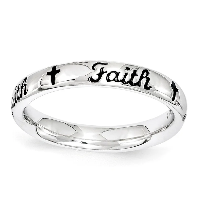 Dainty Gold Rings-3.5mm Sterling Silver Stackable Black Enamel Faith Script Band