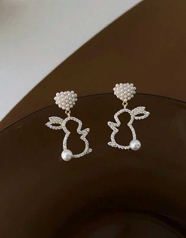 Wedding Jewelry Earrings-Rhinestone and Faux Pearl Bunny Drop Earrings