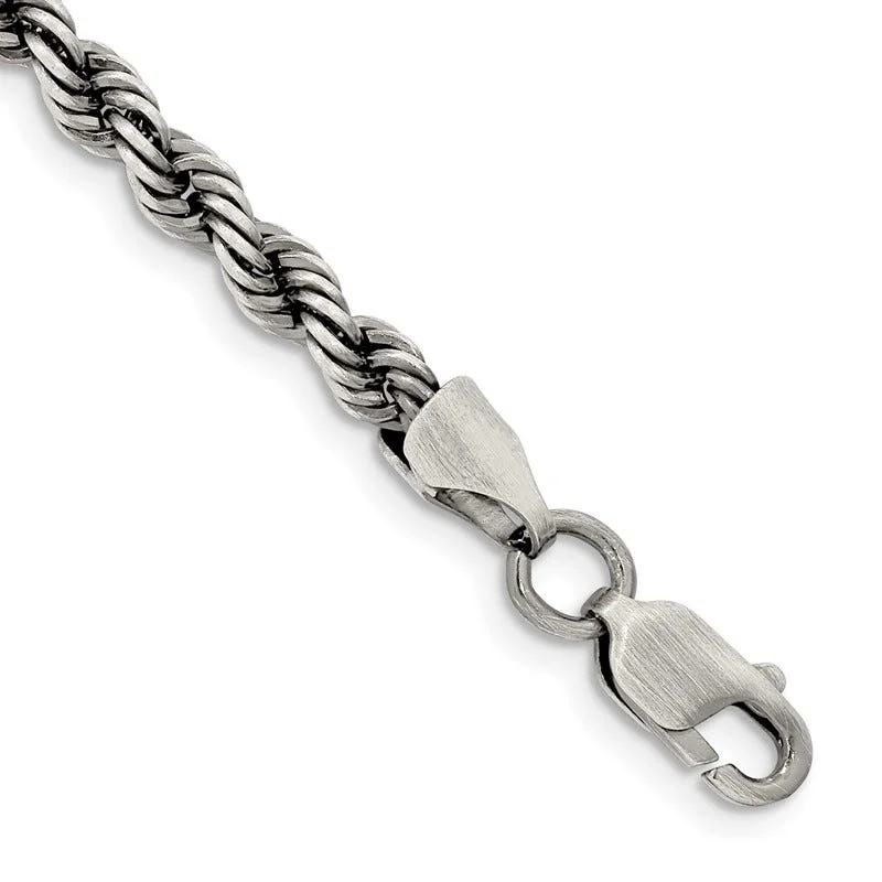 Handcrafted Tennis Bracelets for Women-Sterling Silver Ruthenium-plated 4mm Rope Chain Bracelet