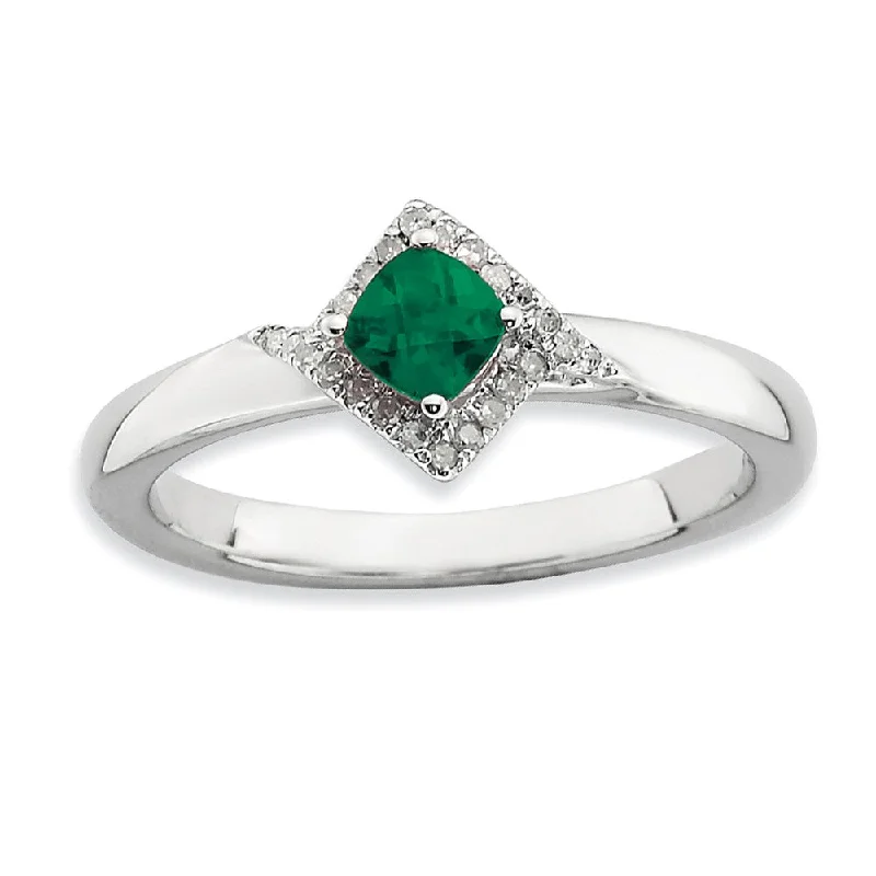 High-End Wedding Bands-Stackable Created Emerald & .10 Ctw HI/I3 Diamond Sterling Silver Ring