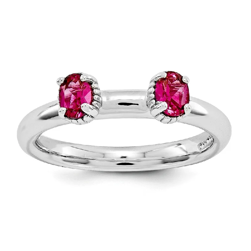 Trendy Engagement Ring Sets-Sterling Silver Stackable Created Ruby Oval Two Stone Ring