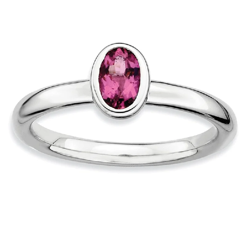 Men’s Wedding Rings-Sterling Silver Stackable Oval Pink Tourmaline Solitaire Ring