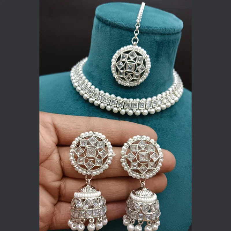 Beautiful Silver Necklace Chains-Hira Collections Silver Plated Crystal Stone And Pearls Choker Necklace Set