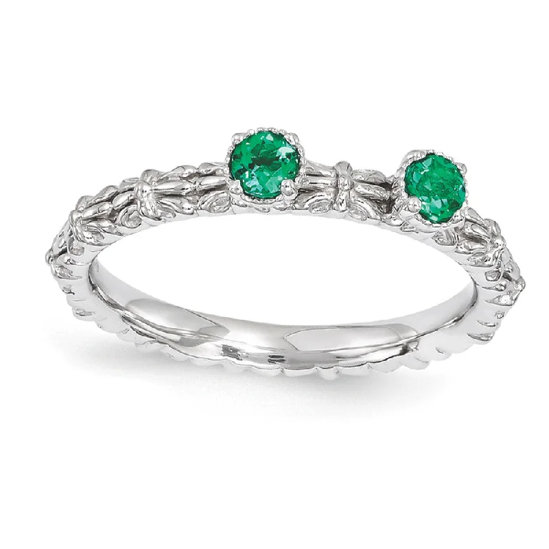 Gemstone Engagement Rings-Sterling Silver Stackable Created Emerald Round Two Stone Ring