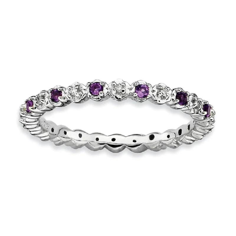 Fashionable Statement Rings-Rhodium Plate Sterling Silver Stackable Amethyst .04 Ctw Diamond Band