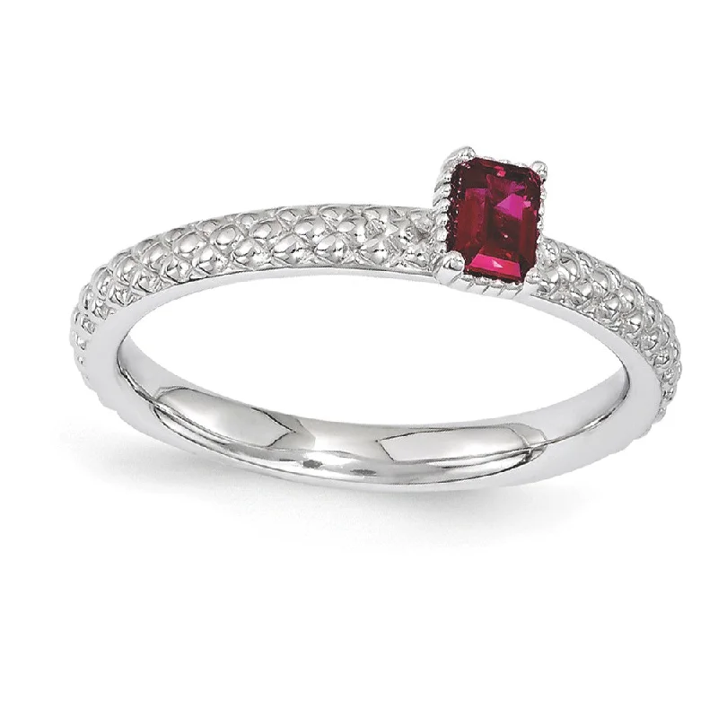 Unique Wedding Ring Bands-Sterling Silver Stackable Created Ruby Octagon Solitaire Ring