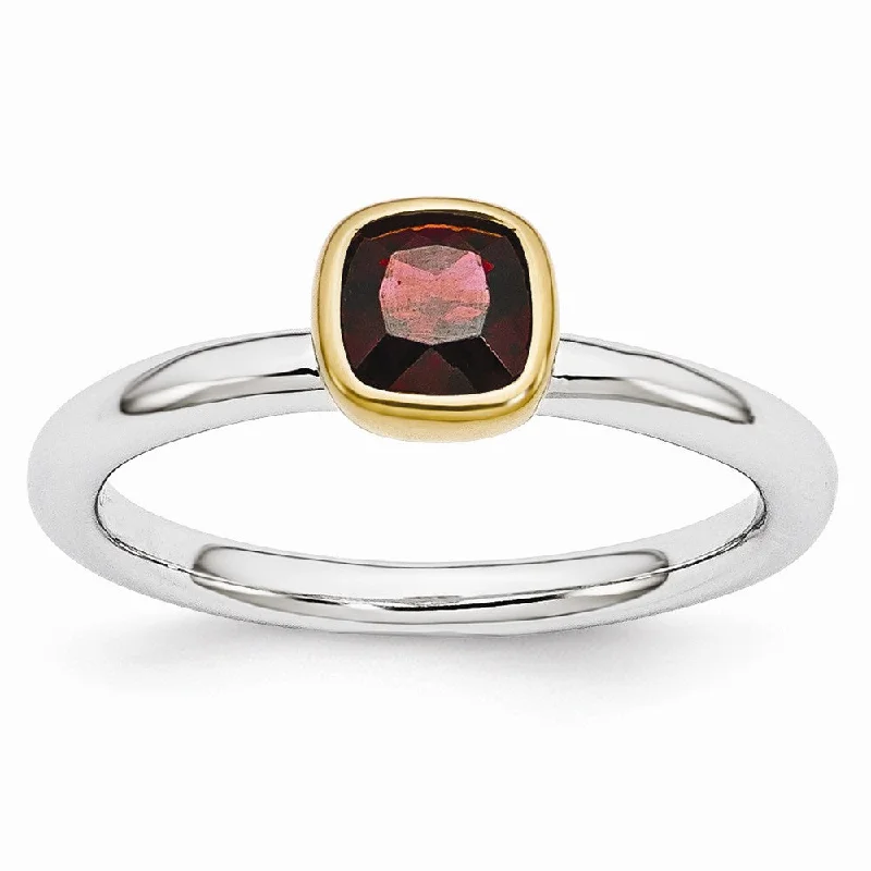 Luxury Gold Rings-Two Tone Sterling Silver Stackable 5mm Cushion Garnet Ring