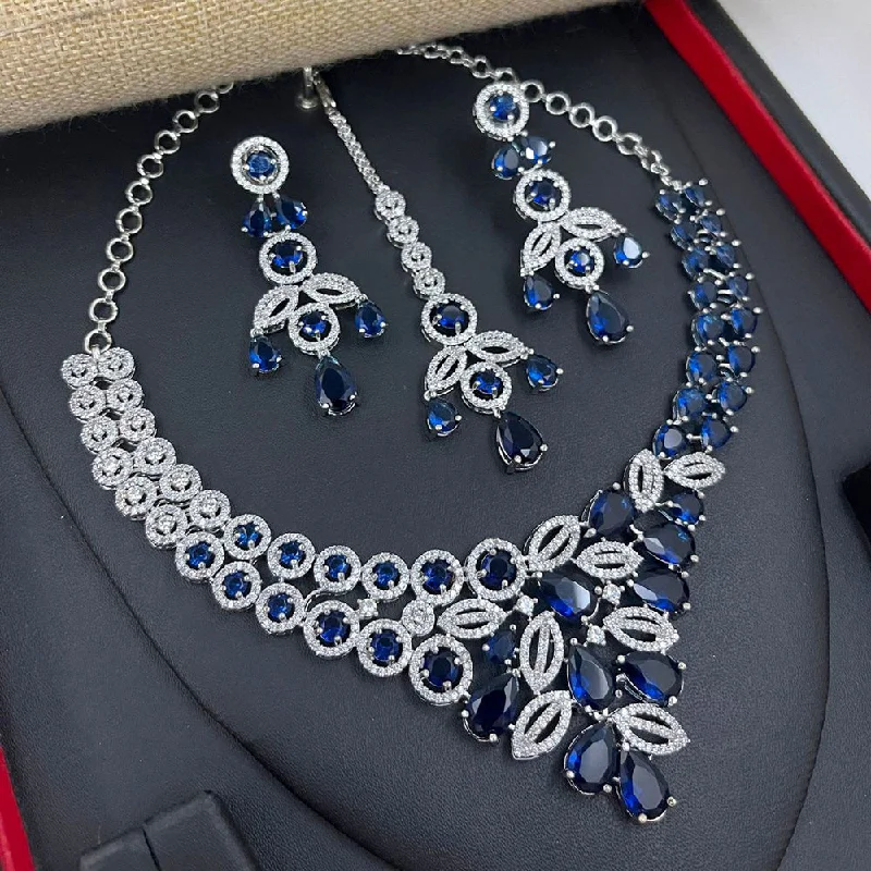 Luxury Crystal Pendant Necklaces-Aamrapali Silver Plated American Diamond Necklace Set