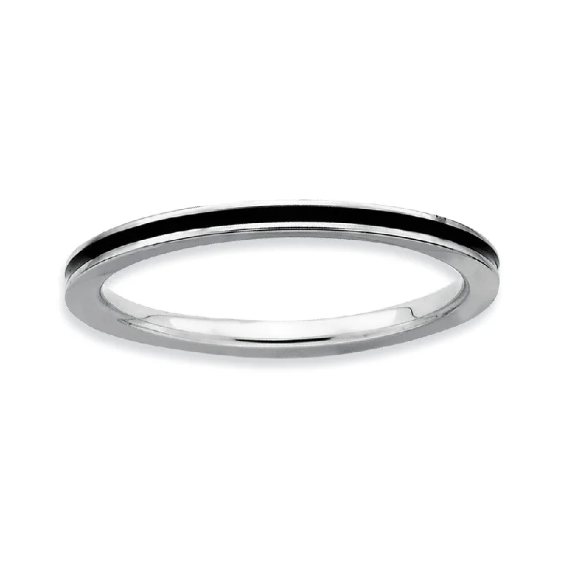 Stylish Adjustable Rings-1.5mm Sterling Silver Stackable Black Enameled Band