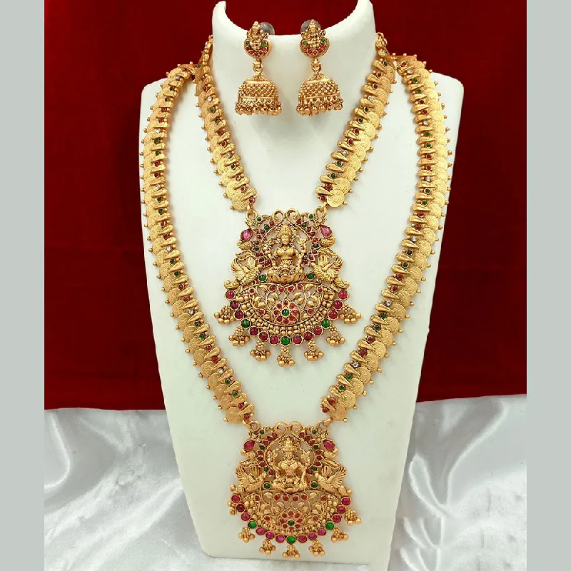 Unique Silver Necklaces-Joyful Jewel Art Matte Gold Plated Kundan Stone And Temple Double Necklace Set