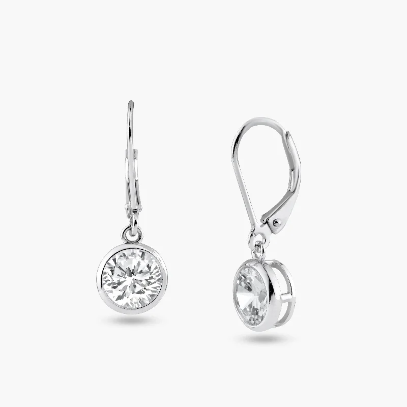 Stylish Drop Earrings-Silver 925 Rhodium Plated Round Clear CZ Dangling Hook Earrings - STE00877