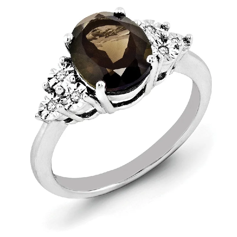 Handcrafted Wedding Bands-Oval Smoky Quartz & .03 Ctw Diamond Ring in Sterling Silver