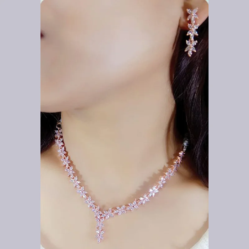 Pearl Necklace for Brides-Beeji Creations Rose Gold Plated American Diamonds Necklace Set