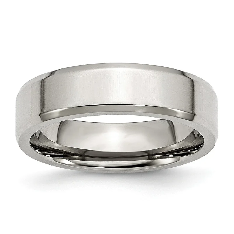 Custom Silver Engagement Rings-6mm Polished Beveled Edge Comfort Fit Stainless Steel Band