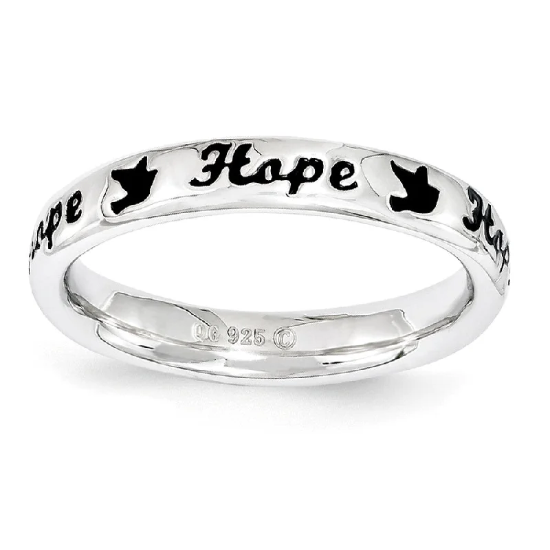 Silver Gemstone Rings-3.5mm Sterling Silver Stackable Black Enamel Hope Script Band