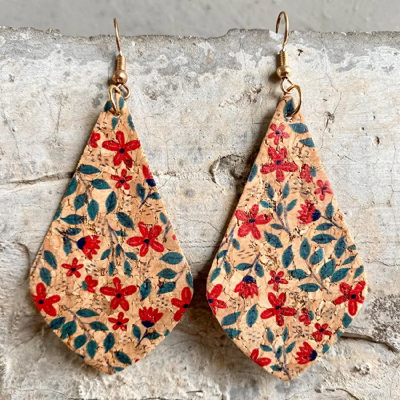 Elegant Gemstone Earrings-Flower Leaf Print Cork Tear Drop Earrings