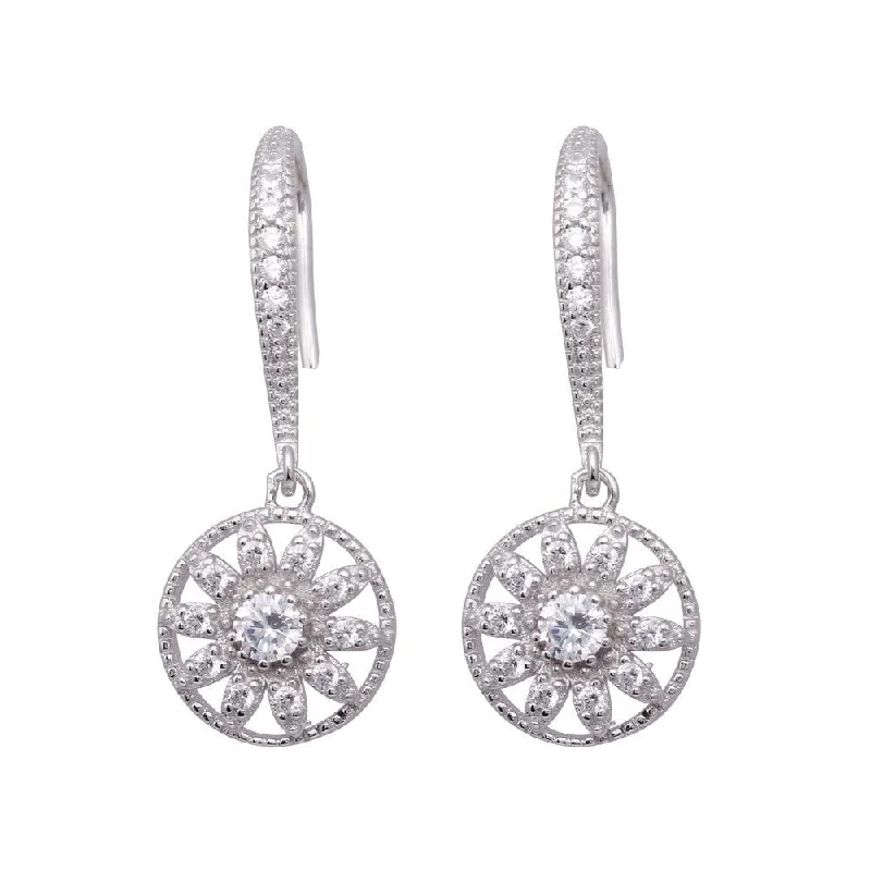 Simple Diamond Earrings-Silver 925 Rhodium Plated Flower CZ Dangling Hook Earrings - BGE00324