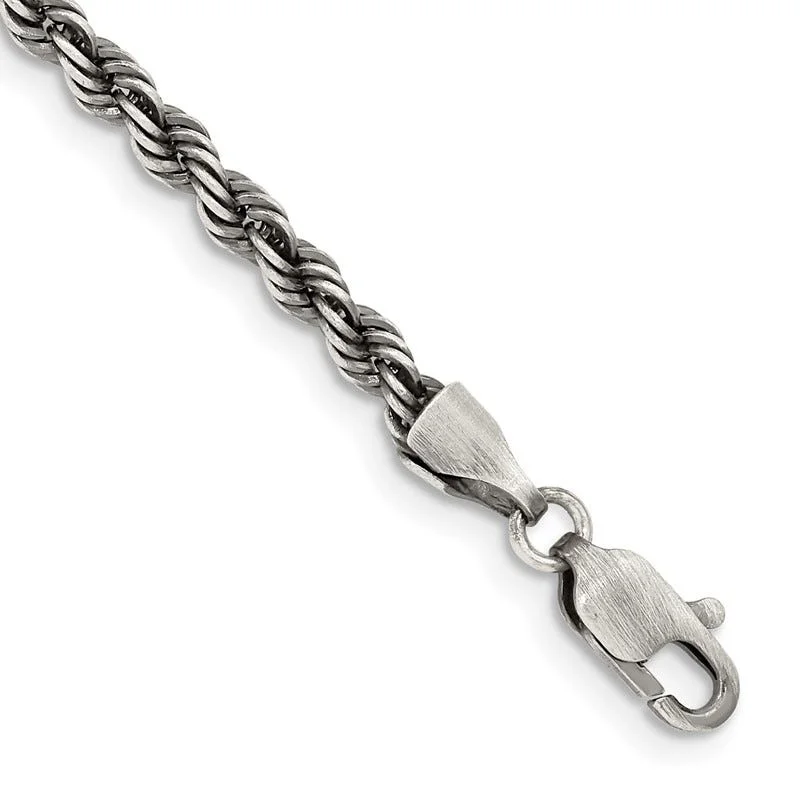 Modern Gold Bracelets-Sterling Silver Ruthenium-plated 3mm Rope Chain Bracelet