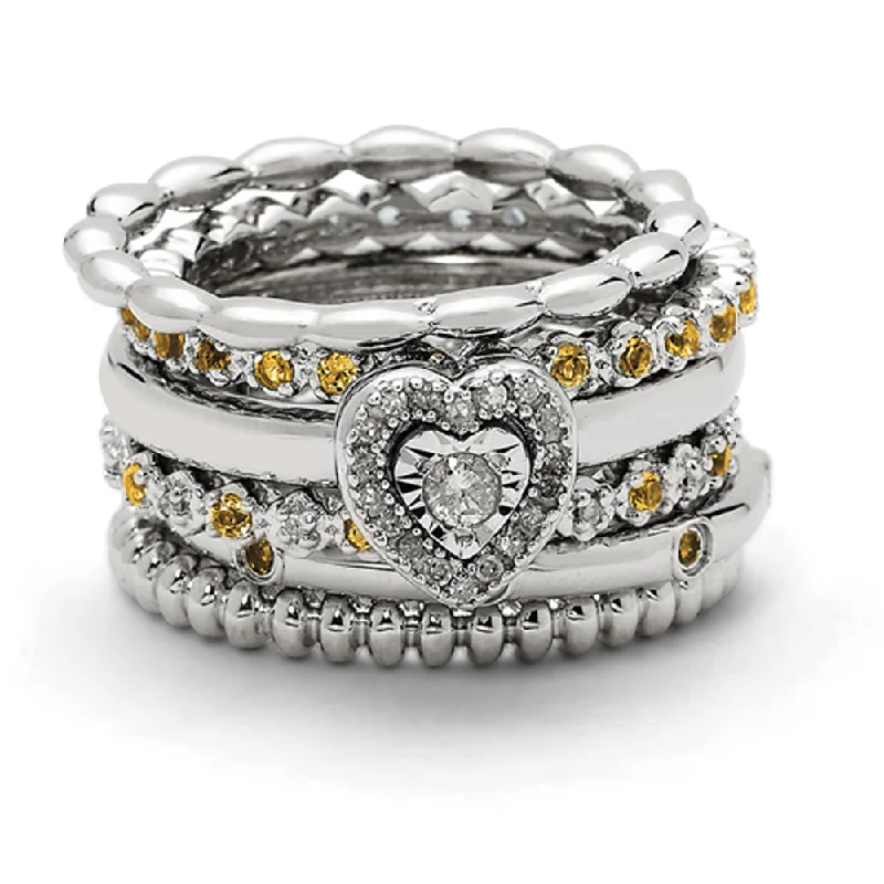 Men’s Statement Rings-Sterling Silver, Diamond  & Citrine Stackable Heart Ring Set