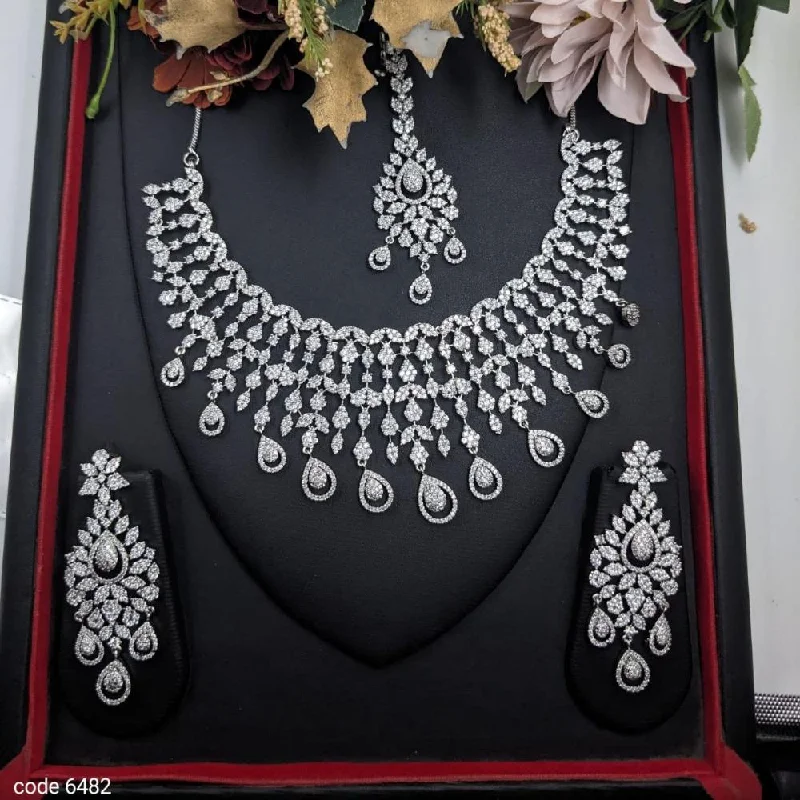 Romantic Crystal Necklaces-Aamrapali Silver Plated American Diamond Necklace Set