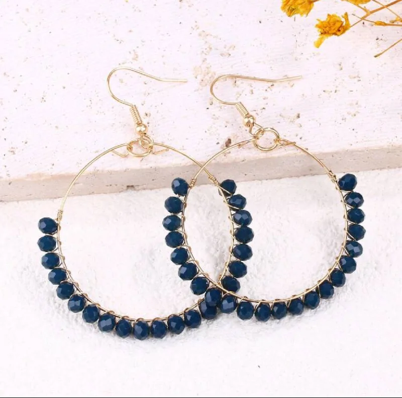 Tassel Earrings-Beautiful Navy Blue Beaded Drop Earrings