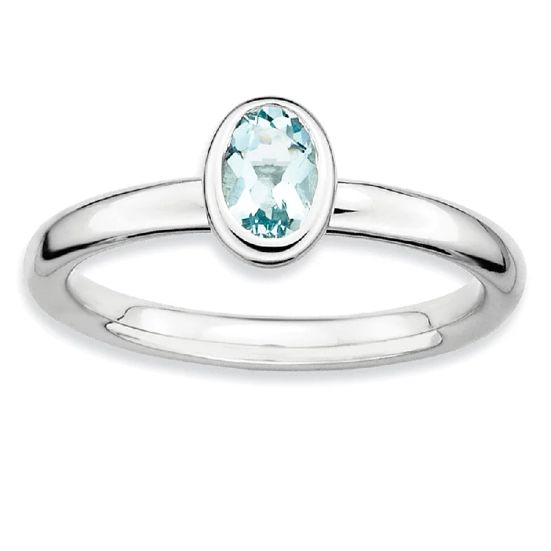 Fashionable Gemstone Rings for Men-Silver Stackable Oval Aquamarine Solitaire Ring