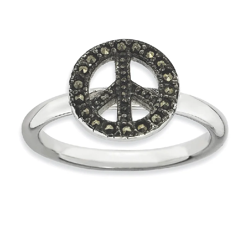 Customizable Wedding Rings-2.25mm Sterling Silver Stackable Marcasite Peace Sign Ring