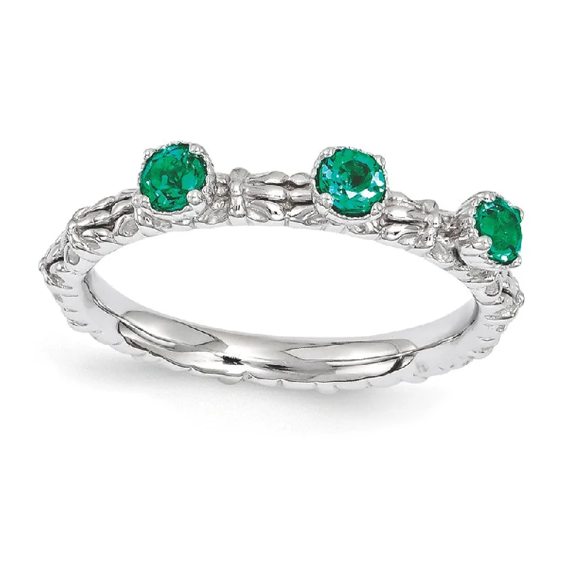 Elegant Diamond Wedding Bands-Sterling Silver Stackable Created Emerald Round Three Stone Ring