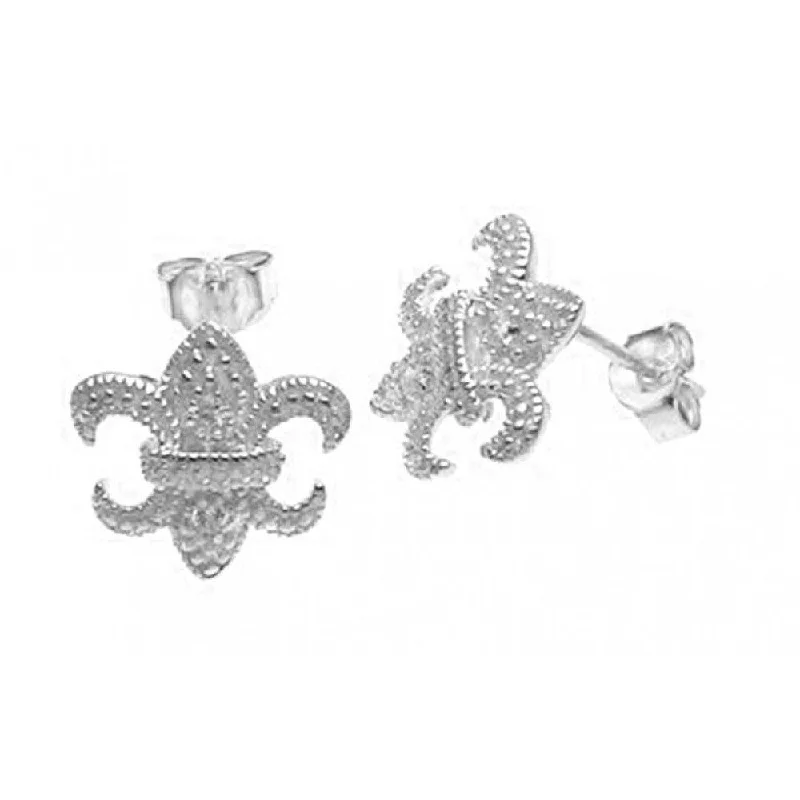 Boho Chic Earrings-Silver 925 Rhodium Plated Fleur De Lis CZ Post Earrings - STE00571