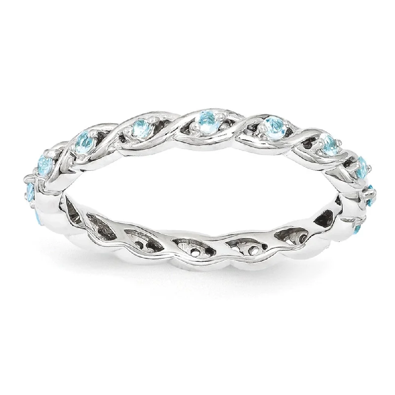 Unique Diamond Wedding Bands-2.5mm Rhodium Plated Sterling Silver Stackable Blue Topaz Twist Band