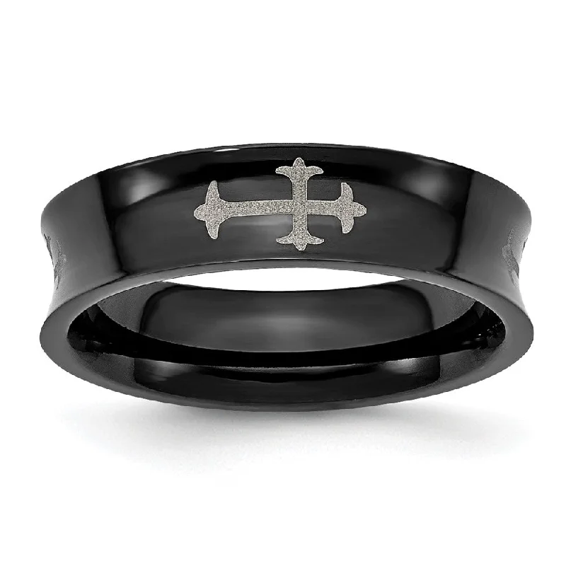 Minimalist Gold Rings-6mm Stainless Steel Black Plated & Polished Cross Concaved Band