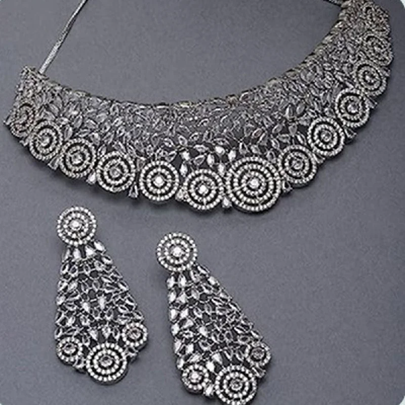 Chunky Statement Necklaces-Beeji Creations Black Polish American Diamonds Necklace Set