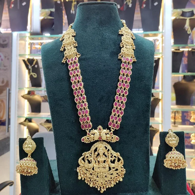 Fine Gold Pendant Necklaces-Sai Fashion Gold Plated Pota Stone Temple Long Necklace Set