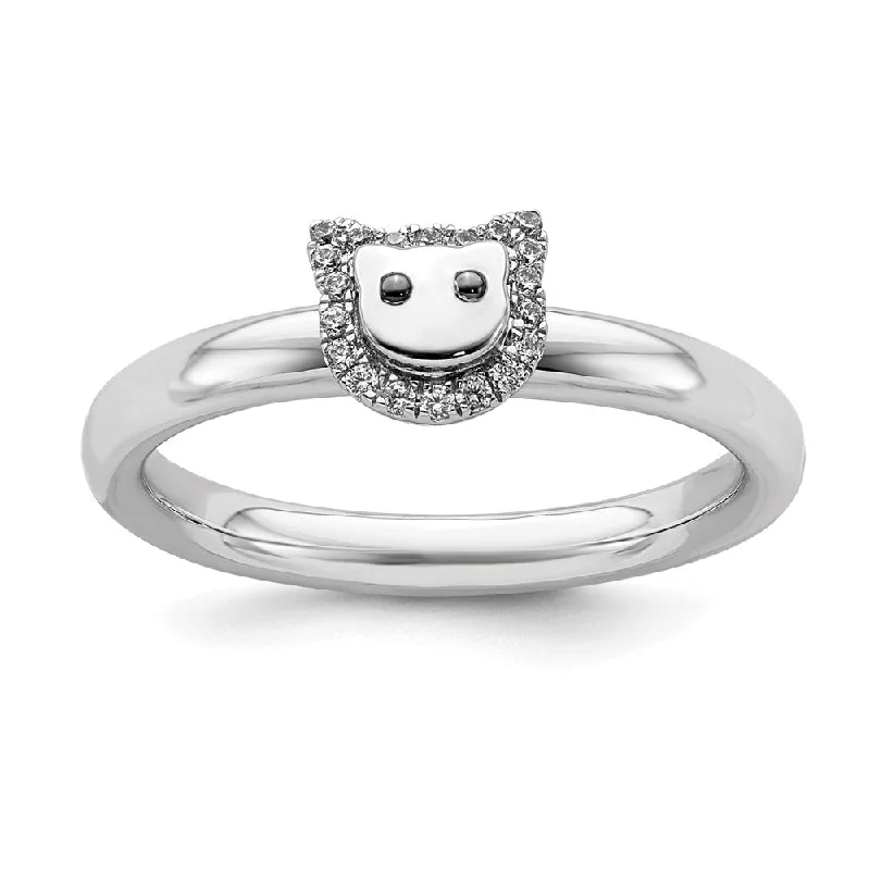 Customizable Rings for Women-Rhodium Plated Sterling Silver & Diamond Stackable Cat Ring