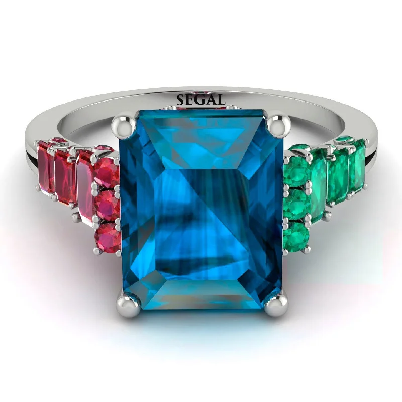 Custom Silver Rings-Kevin custom Emerald Cut Blue Topaz Ring Hidden Round Diamonds - Sawyer No. 5120