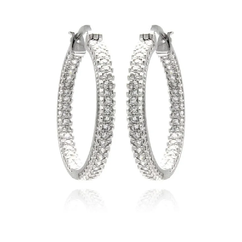 Silver and Gold Earrings-Silver 925 Rhodium Plated Micro Pave Clear CZ Hoop Earrings - ACE00061