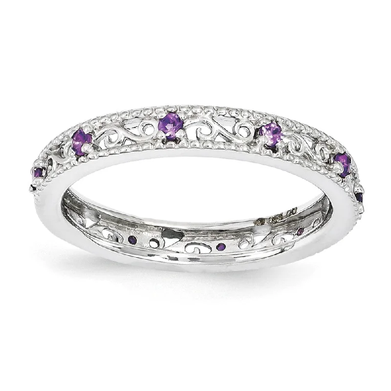 Statement Gemstone Rings-3mm Sterling Silver Stackable Expressions Amethyst Scroll Band