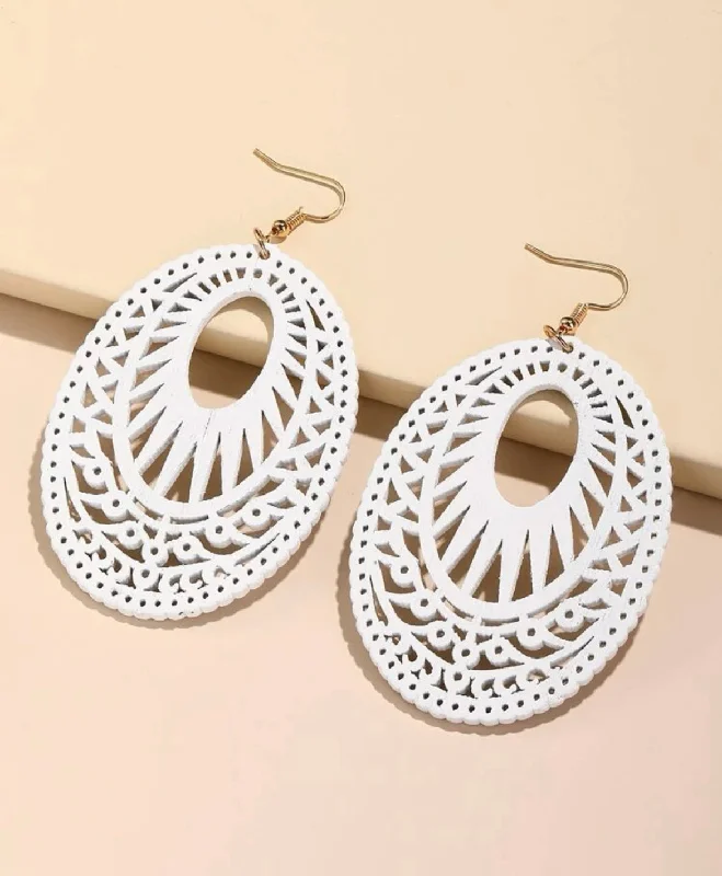 Silver Hoop Earrings-White Hollow Oval Drop Earrings