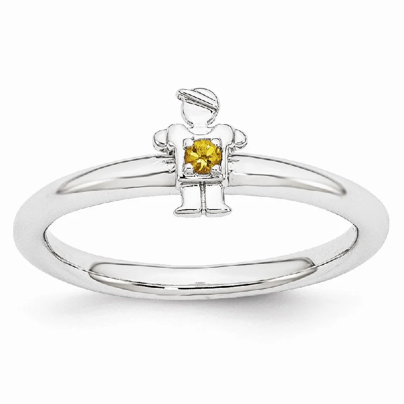 Luxury Engagement Rings-Rhodium Plated Sterling Silver Stackable Citrine 7mm Boy Ring