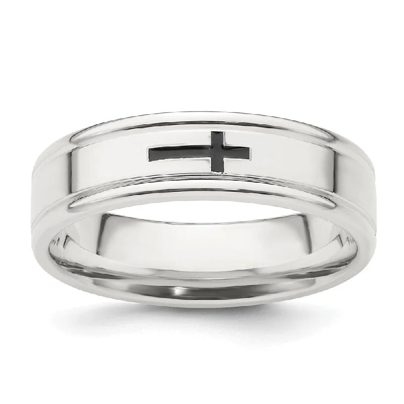 Unique Wedding Ring Bands-6mm Rhodium Plated Sterling Silver Enamel Cross Grooved Edge Band