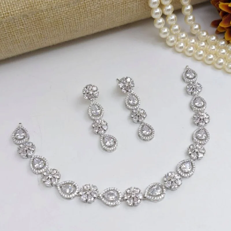 Simple Gold Necklaces-Aamrapali Silver Plated American Diamond Necklace Set