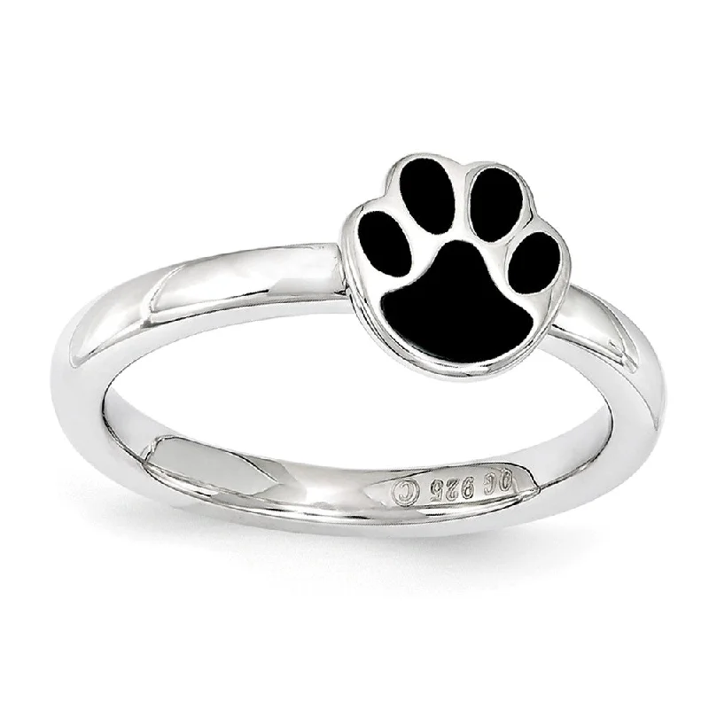 Dainty Silver Rings-Sterling Silver Stackable Expressions 7mm Black Enamel Paw Print Ring