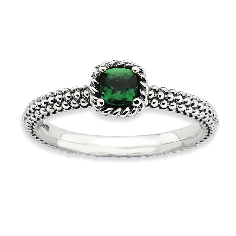 Handcrafted Gold Rings-Antiqued Sterling Silver Stackable Created Emerald Ring