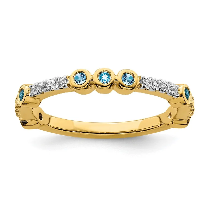 Bridal Rings-2mm 14k Yellow Gold Blue Topaz & .08 Ctw Diamond Stackable Band