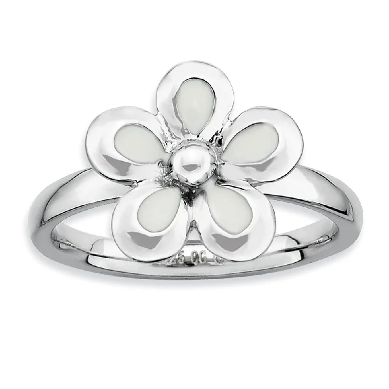 Stunning Gemstone Rings-Sterling Silver Stackable White Enameled Flower Ring