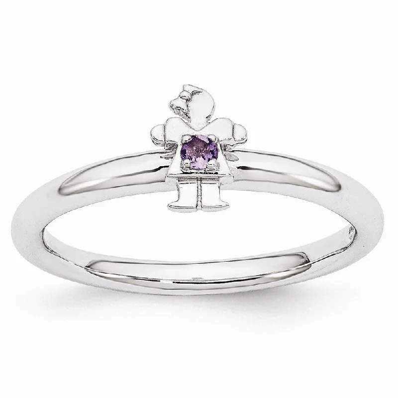 Customizable Bridal Rings-Rhodium Plated Sterling Silver Stackable Amethyst 7mm Girl Ring