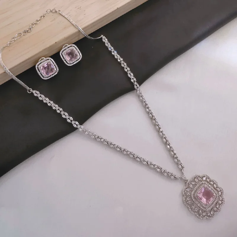 Elegant Long Necklaces-Akruti Collection Silver Plated American Diamonds Necklace Set