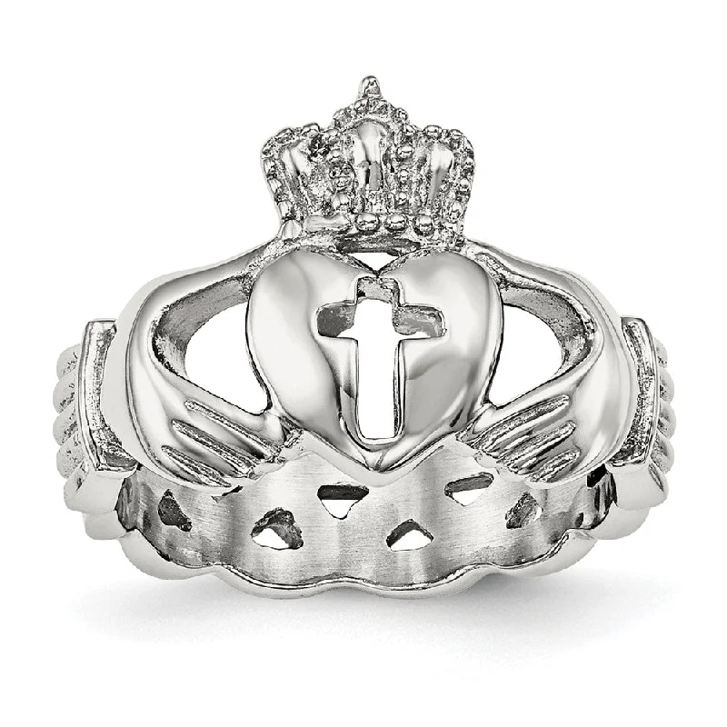 Designer Wedding Bands-Stainless Steel Polished Claddagh Cross Standard Fit Ring