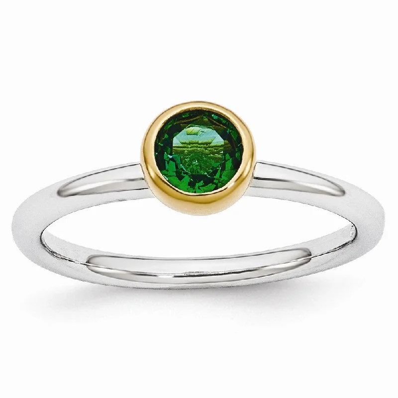 Solitaire Diamond Rings-Two Tone Sterling Silver Stackable 5mm Round Created Emerald Ring